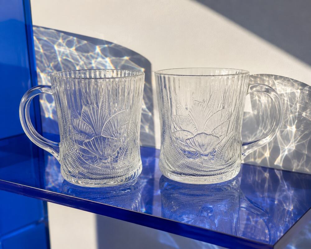 Anchor Hocking Vintage Clear Glass Floral Iris Mugs Set of 2